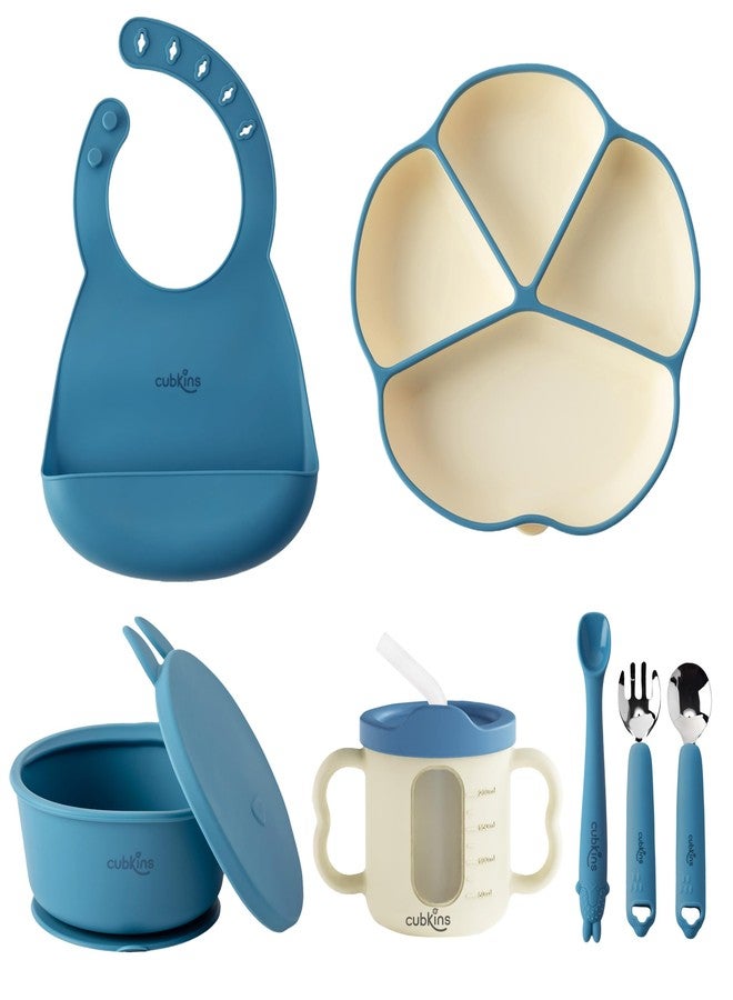 Cubkins Silicone Essential Feeding Set for Babies, Toddlers | BPA-Free & Microwave Safe | Plate & Bowl w Suction, Sippy Cup with Straw & Lid, Spoon, Fork, Early Feeding Spoon & Bib (Blue Olive) - Image 1