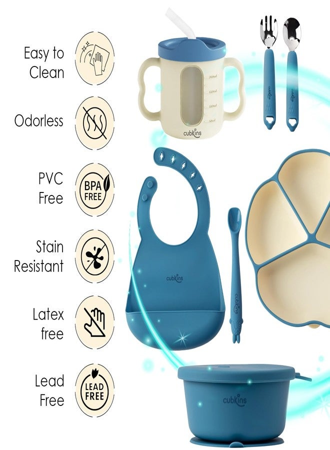 Cubkins Silicone Essential Feeding Set for Babies, Toddlers | BPA-Free & Microwave Safe | Plate & Bowl w Suction, Sippy Cup with Straw & Lid, Spoon, Fork, Early Feeding Spoon & Bib (Blue Olive) - Image 5