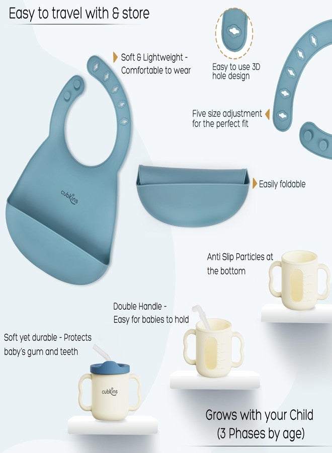 Cubkins Silicone Essential Feeding Set for Babies, Toddlers | BPA-Free & Microwave Safe | Plate & Bowl w Suction, Sippy Cup with Straw & Lid, Spoon, Fork, Early Feeding Spoon & Bib (Blue Olive) - Image 4