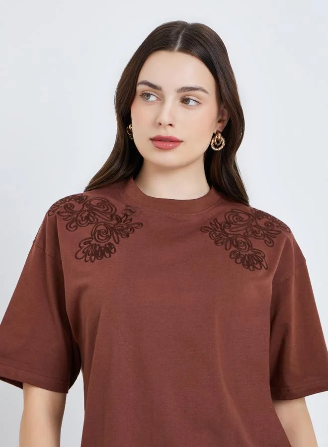 Styli Women Floral Tonal Embroidery 100% Cotton T-Shirt