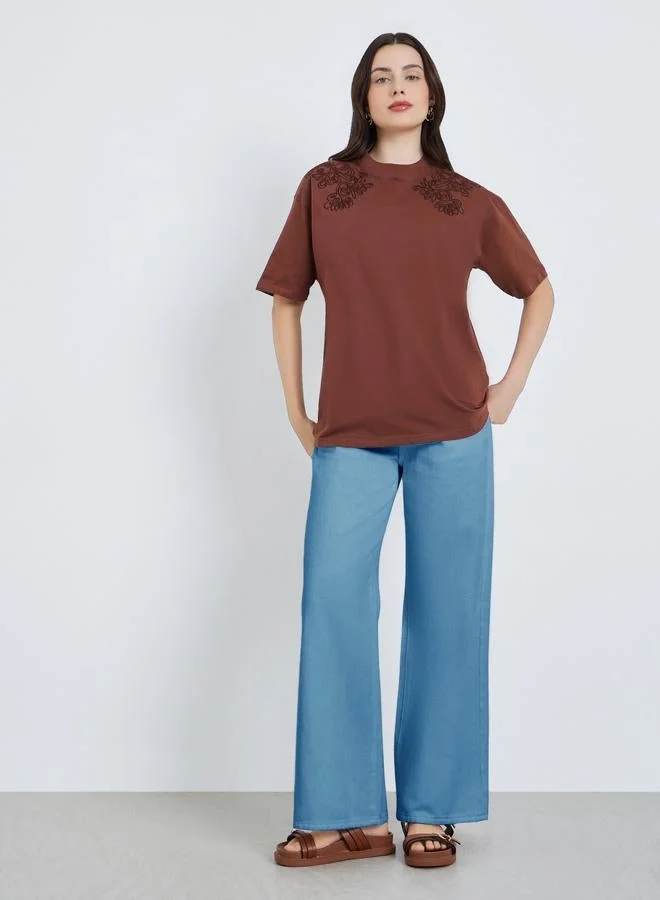 Styli Women Floral Tonal Embroidery 100% Cotton T-Shirt