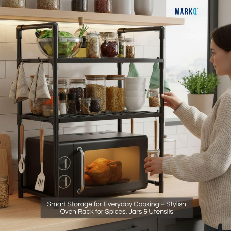 MARKQ Heavy Duty Countertop Microwave Shelf | Oven Storage Rack 2 Shelves Organizer with Spice & Towel Hooks | Durable Plastic Kitchen Storage Stand - Assorted Color (Black/White) - Image 5