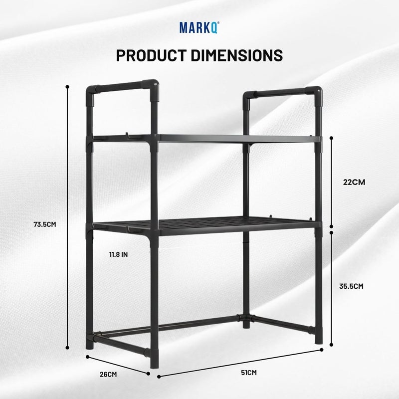 MARKQ Heavy Duty Countertop Microwave Shelf | Oven Storage Rack 2 Shelves Organizer with Spice & Towel Hooks | Durable Plastic Kitchen Storage Stand - Assorted Color (Black/White) - Image 4