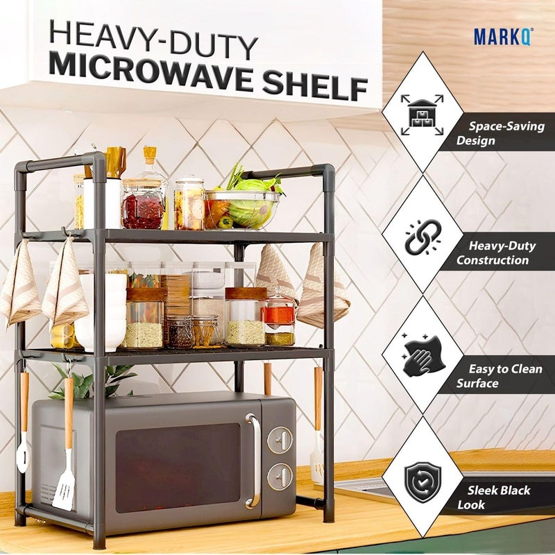 MARKQ Heavy Duty Countertop Microwave Shelf | Oven Storage Rack 2 Shelves Organizer with Spice & Towel Hooks | Durable Plastic Kitchen Storage Stand - Assorted Color (Black/White) - Image 2