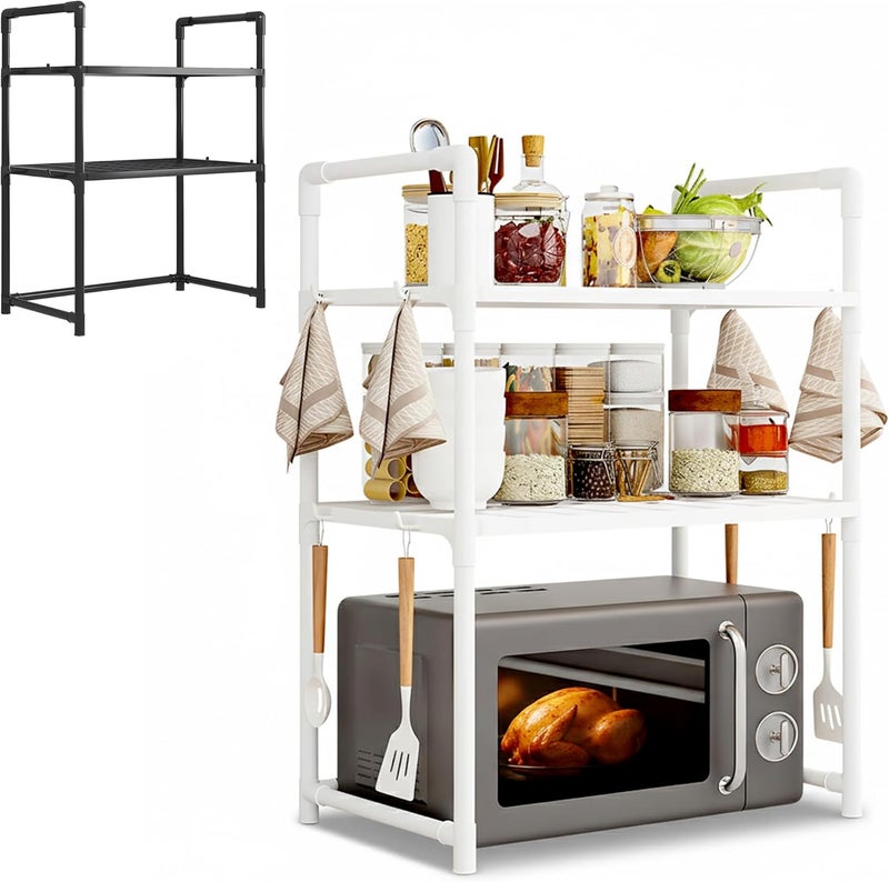 MARKQ Heavy Duty Countertop Microwave Shelf | Oven Storage Rack 2 Shelves Organizer with Spice & Towel Hooks | Durable Plastic Kitchen Storage Stand - Assorted Color (Black/White) - Image 1