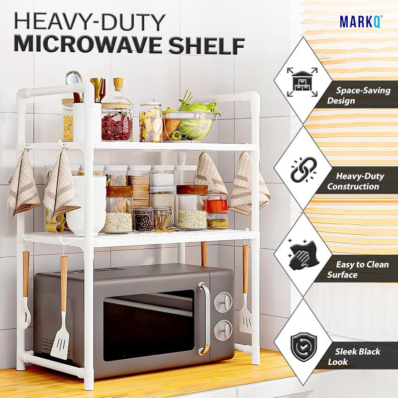 MARKQ Heavy Duty Countertop Microwave Shelf | Oven Storage Rack 2 Shelves Organizer with Spice & Towel Hooks | Durable Plastic Kitchen Storage Stand - Assorted Color (Black/White) - Image 3