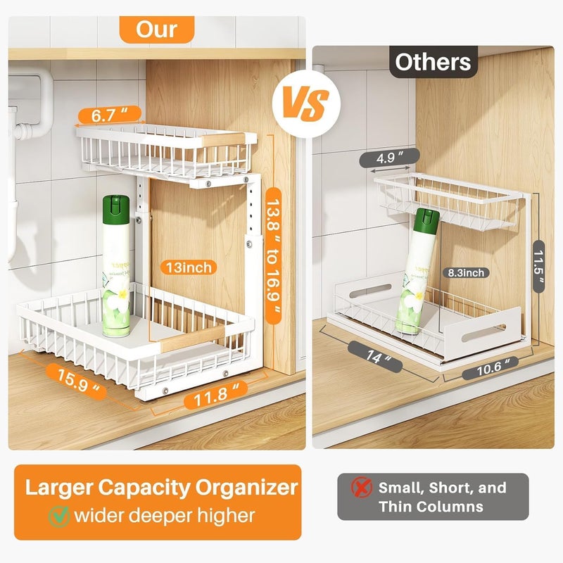 PXRACK Under Sink Organizer, Adjustable Height, 2 Tier Pull Out Under Cabinet Organizer, Slide Out Thickened Metal Under Sink Storage for Kitchen Bathroom Laundry Pantry Cabinet, Black, Large-2-Pack - Image 2