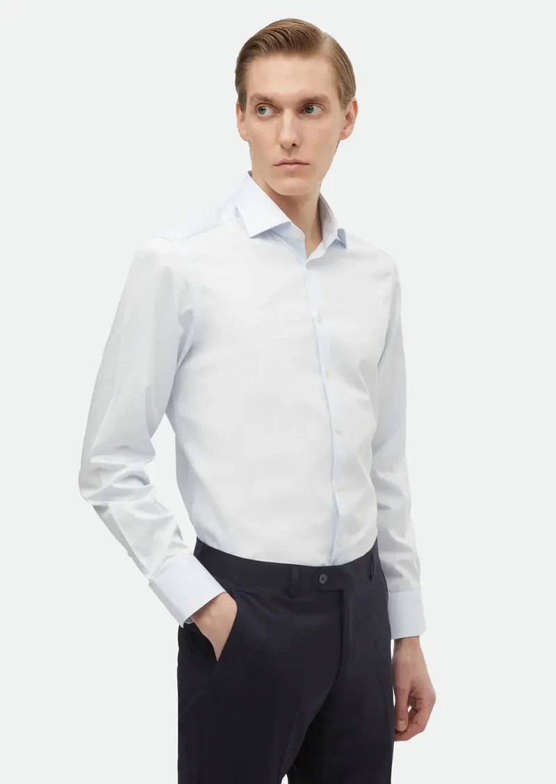 RAMSEY Light Blue Plain Slim Fit Weaving Classical 100% Cotton Shirt