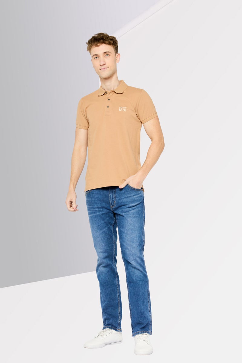 CERRUTI 1881 Men Regular Fit Brand Logo Short Sleeve Polo Shirt, Tan - Image 2