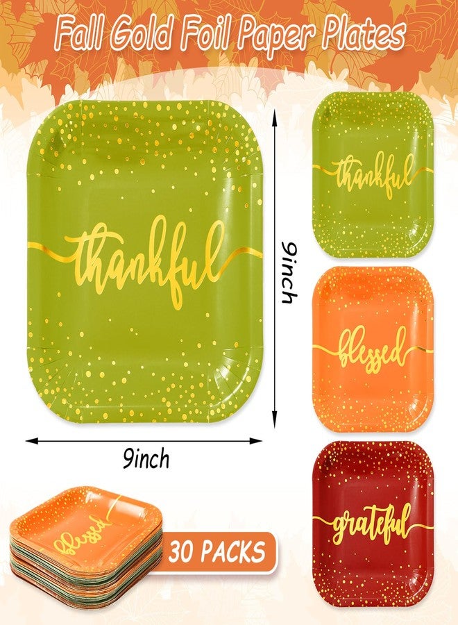 Whaline 30Pcs Fall Thanksgiving Paper Plates Gold Foil Disposable Plates Autumn Red Green Orange Square Dinner Plates for Thanksgiving Party Tableware Supplies, 9 Inch - Image 2