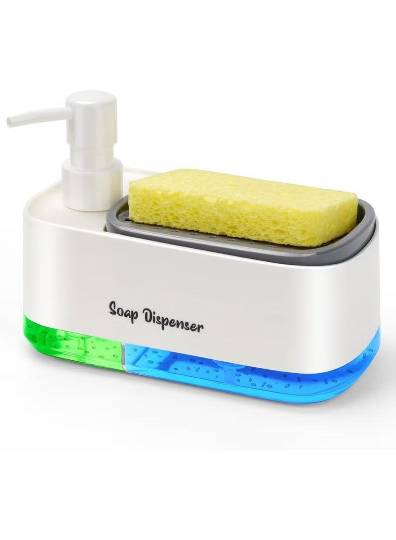 مجموعة موزع صابون لليدين والاطباق للمطبخ، مزدوج مع حامل اسفنجة، موزع مضخة صابون 3 في 1 لحوض المطبخ، ادوات مطبخ مفيدة - أبيض - Image 1