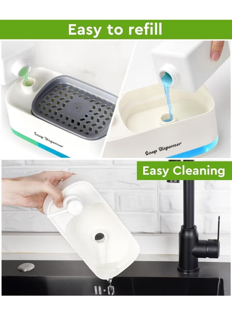 مجموعة موزع صابون لليدين والاطباق للمطبخ، مزدوج مع حامل اسفنجة، موزع مضخة صابون 3 في 1 لحوض المطبخ، ادوات مطبخ مفيدة - أبيض - Image 3
