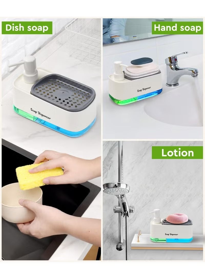 مجموعة موزع صابون لليدين والاطباق للمطبخ، مزدوج مع حامل اسفنجة، موزع مضخة صابون 3 في 1 لحوض المطبخ، ادوات مطبخ مفيدة - أبيض - Image 4