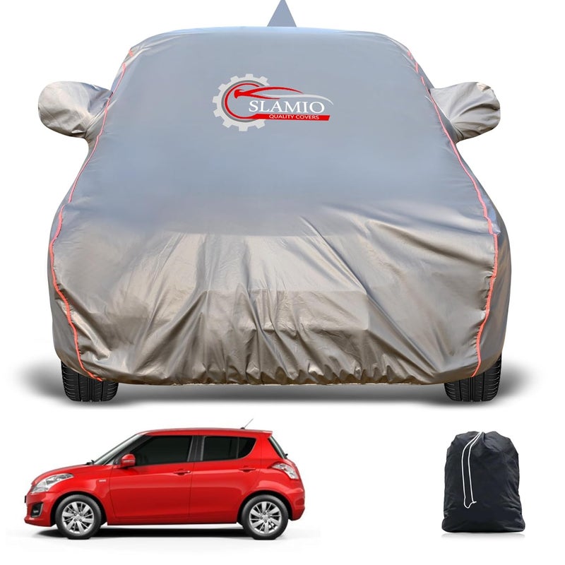 Slamio Heavy-Duty Car Body Cover for Maruti Suzuki Swift 2011-2017 Model | Waterproof, Dustproof, UV Protection, Custom Fit, Heavy Belt & Buckle with Mirror & Antenna Pocket | Dark Grey - Image 1