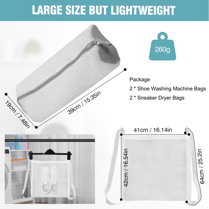 Gripooaven Shoe Washing Machine Bag, Shoe Laundry Bag for Washer and Dryer, Include Dry Net Bag, Reusable and Durable Zipper with Hook Design, Shoe Washing Bag for Sneaker (White, 2 Pack) - Image 2