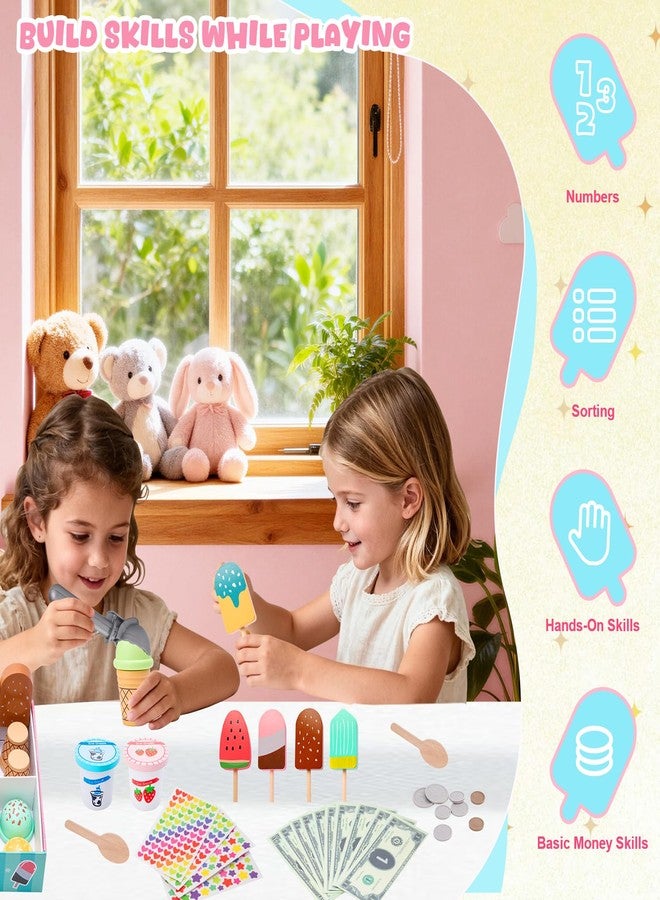LOYO Ice Cream Toy for Kids 3-6, Wooden Ice Cream Shop Play Set with Counter, Apron, DIY Sticker, Scoop, Toy Money - Pretend Play Toys for Toddler Role Play, Christmas & Birthday Gift for Girls & Boys - Image 4