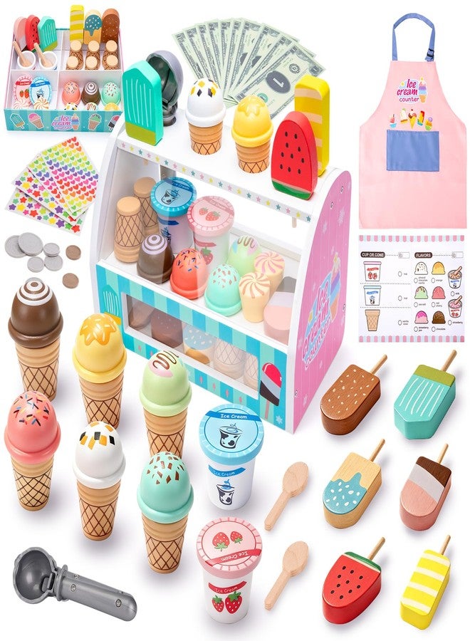 LOYO Ice Cream Toy for Kids 3-6, Wooden Ice Cream Shop Play Set with Counter, Apron, DIY Sticker, Scoop, Toy Money - Pretend Play Toys for Toddler Role Play, Christmas & Birthday Gift for Girls & Boys - Image 1