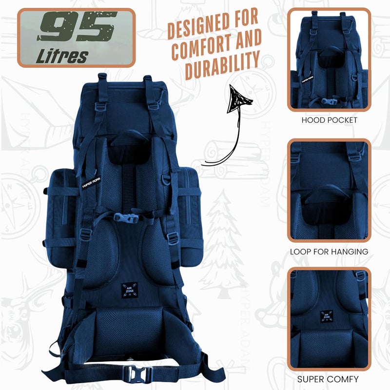 Hyper Adam حقيبة ظهر Terrex سعة 95 لتر مع حقيبة قابلة للفصل وغطاء مطري للتنزه والسفر | حقائب جبلية للرجال والنساء | حقيبة ظهر دعم ظهر قوي من الدرجة العسكرية - Image 4