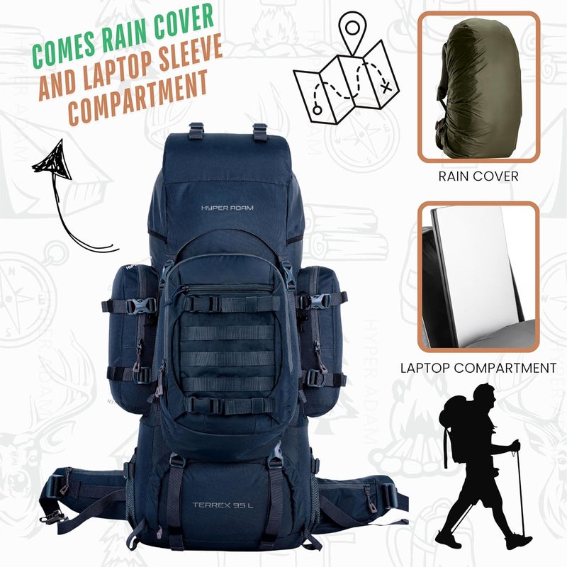 Hyper Adam حقيبة ظهر Terrex سعة 95 لتر مع حقيبة قابلة للفصل وغطاء مطري للتنزه والسفر | حقائب جبلية للرجال والنساء | حقيبة ظهر دعم ظهر قوي من الدرجة العسكرية - Image 3