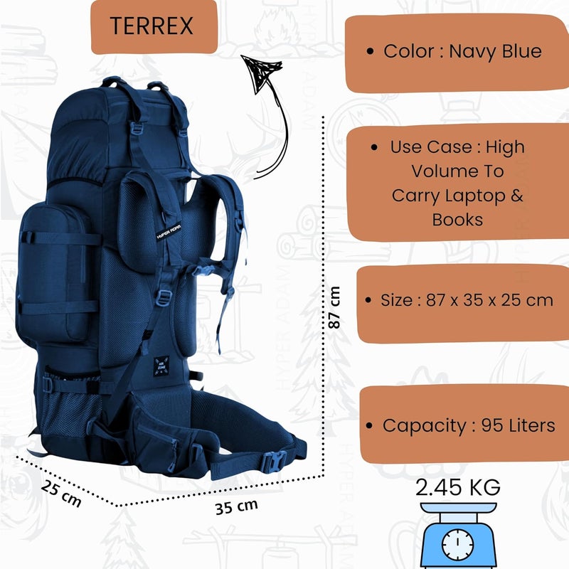 Hyper Adam حقيبة ظهر Terrex سعة 95 لتر مع حقيبة قابلة للفصل وغطاء مطري للتنزه والسفر | حقائب جبلية للرجال والنساء | حقيبة ظهر دعم ظهر قوي من الدرجة العسكرية - Image 5
