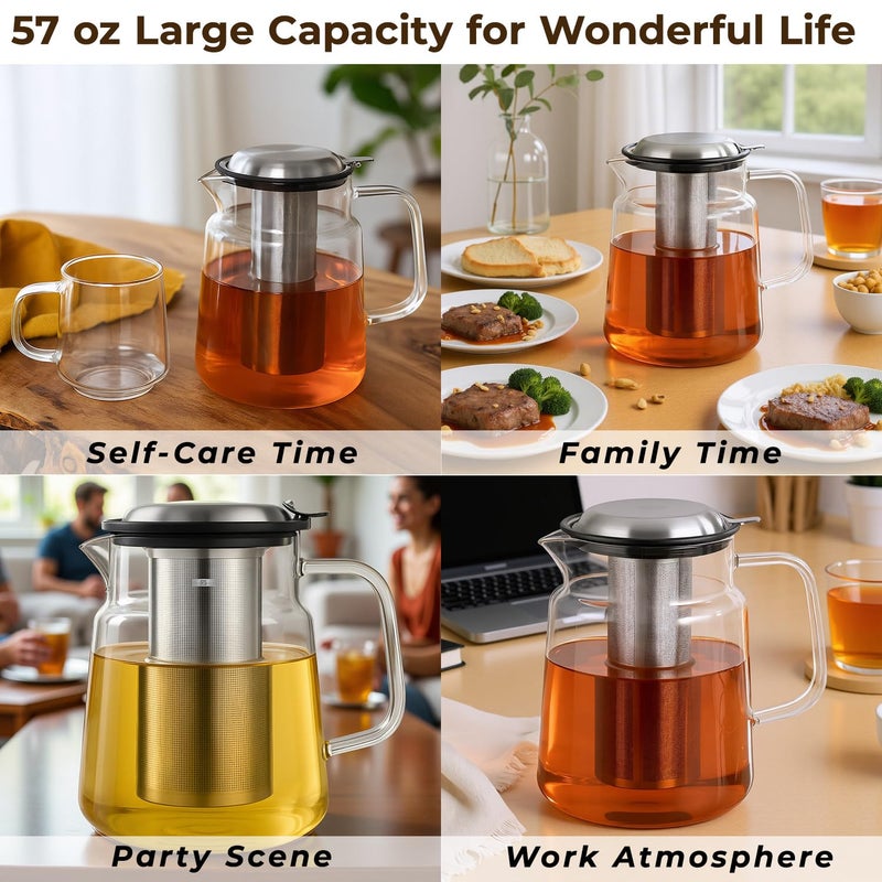 Aquach Glass Teapot with Removable Infuser - 57oz Borosilicate Tea Pot for Stovetop & Cold Brew, Stainless Steel Filter for Loose Leaf/Iced Tea - Image 4