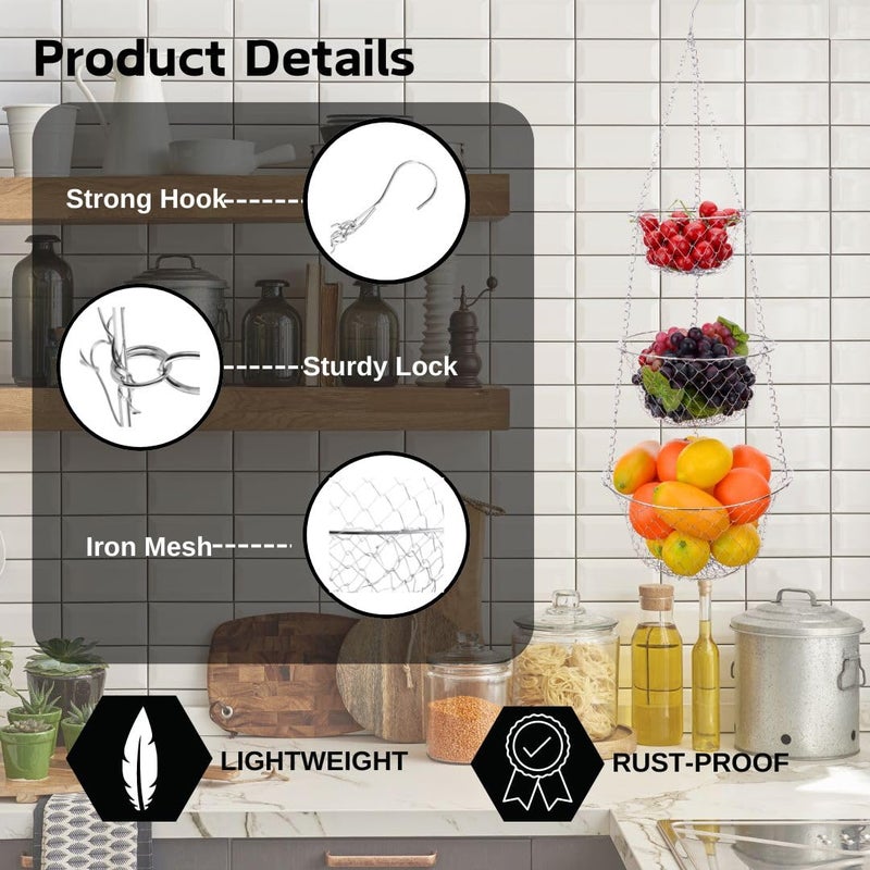 IBERG 3 Tier Hanging Fruit Basket, Metal Hanging Baskets for Kitchen, Bathroom & Pantry Storage Organizer (Chrome) - Image 3