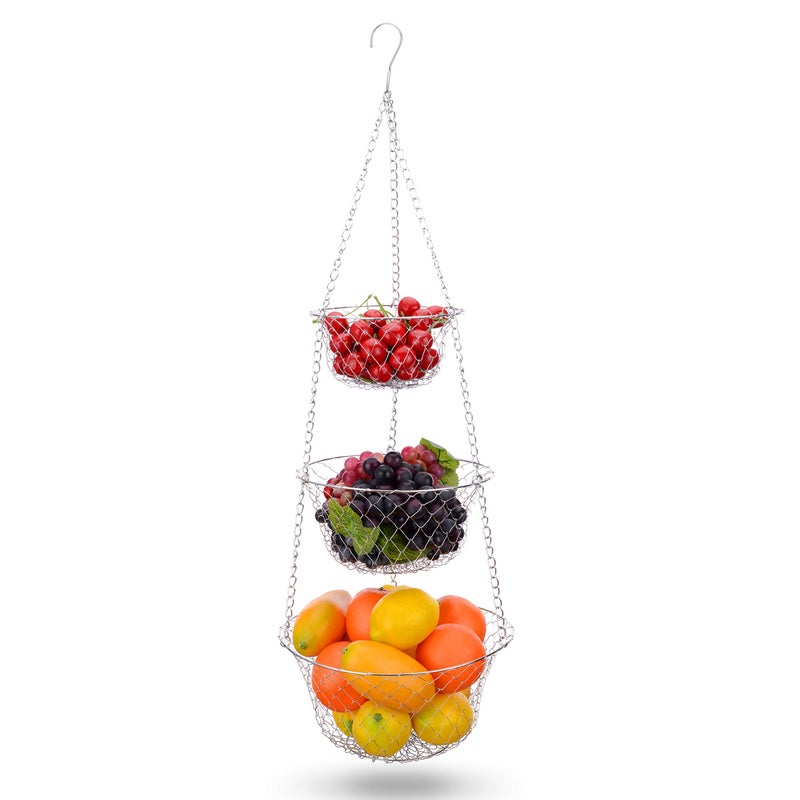 IBERG 3 Tier Hanging Fruit Basket, Metal Hanging Baskets for Kitchen, Bathroom & Pantry Storage Organizer (Chrome) - Image 1