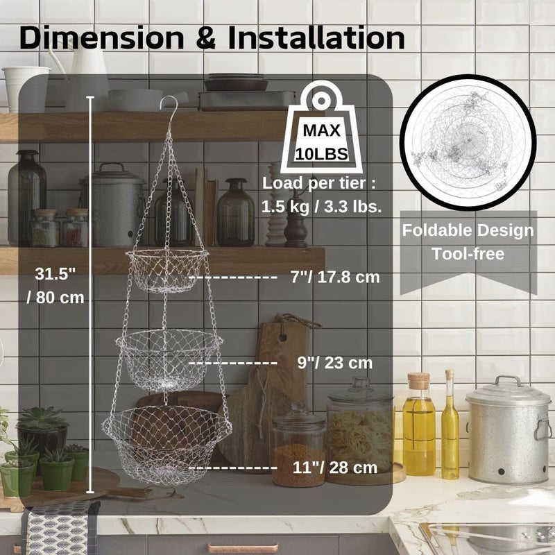 IBERG 3 Tier Hanging Fruit Basket, Metal Hanging Baskets for Kitchen, Bathroom & Pantry Storage Organizer (Chrome) - Image 2