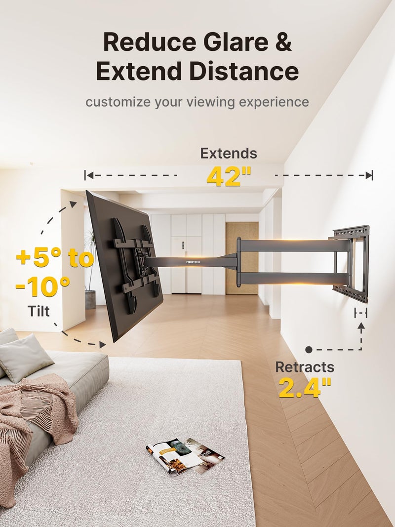 monTEK Long Arm TV Wall Mount for Most 43-80 Inch TVs, 42 Inch Long Extension TV Mount Swivel and Tilt, Full Motion Wall Mount Tv Bracket Fit Max VESA 600 x 400mm, Up to 110 lbs, 16â€,18â€ Studs - Image 3