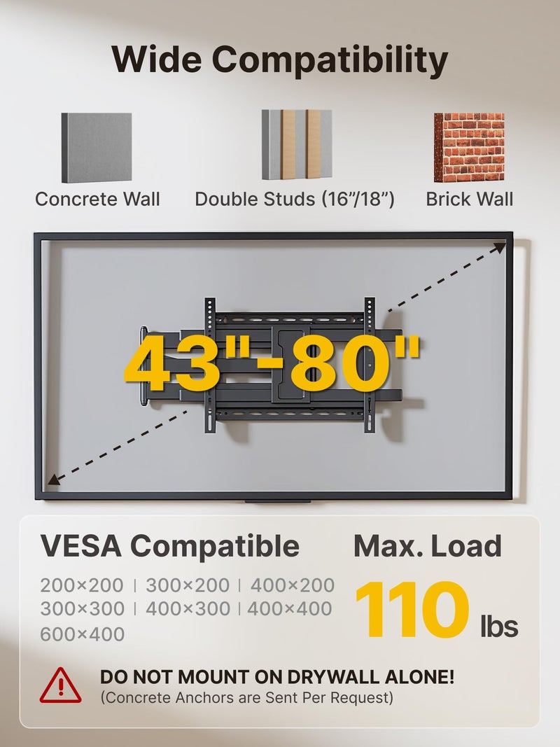 monTEK Long Arm TV Wall Mount for Most 43-80 Inch TVs, 42 Inch Long Extension TV Mount Swivel and Tilt, Full Motion Wall Mount Tv Bracket Fit Max VESA 600 x 400mm, Up to 110 lbs, 16â€,18â€ Studs - Image 2