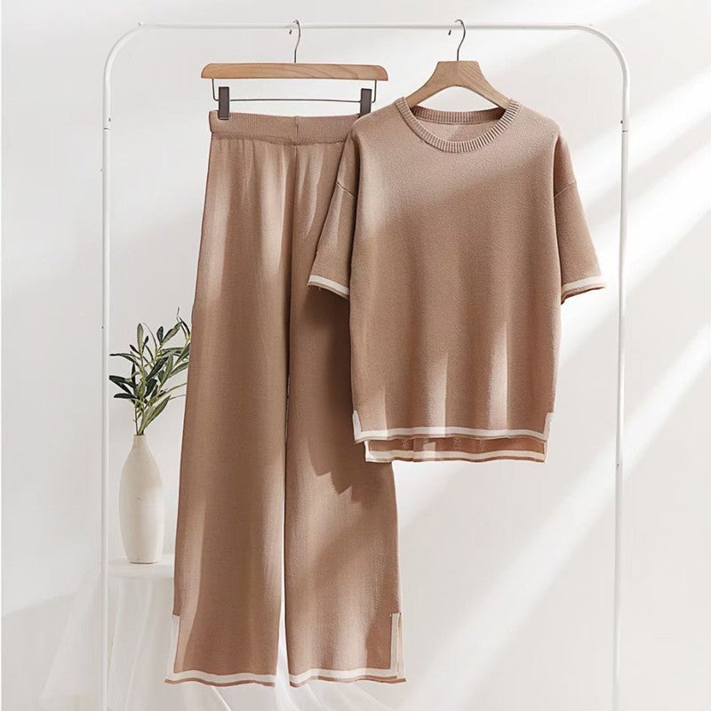 Loose Splice Sweater and Slit Pants Khaki - Image 1
