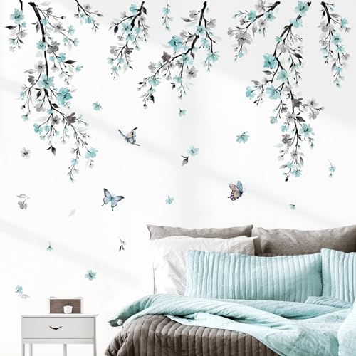 wondever Watercolor Flower Vine Wall Stickers Blue Hanging Floral Tree Branch Wall Art Decals for Living Room Bedroom TV Wall - Image 1