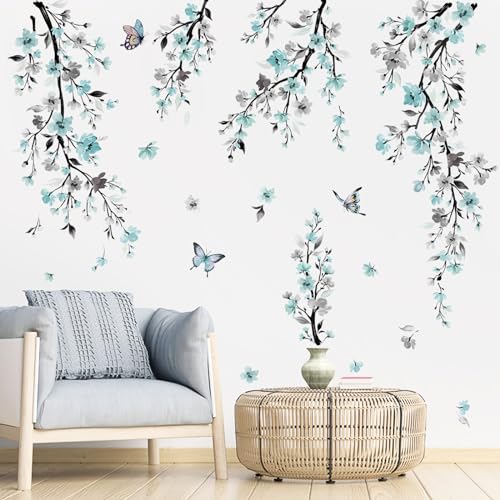 wondever Watercolor Flower Vine Wall Stickers Blue Hanging Floral Tree Branch Wall Art Decals for Living Room Bedroom TV Wall - Image 3