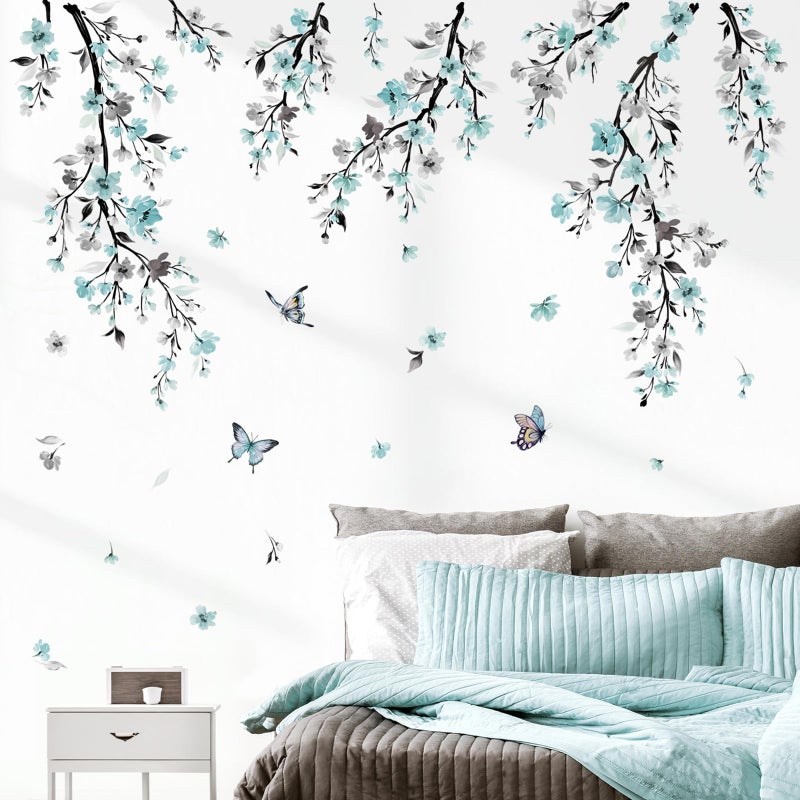 wondever Watercolor Flower Vine Wall Stickers Blue Hanging Floral Tree Branch Wall Art Decals for Living Room Bedroom TV Wall - Image 2