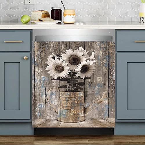 MLGB Vintage Wood Dishwasher Magnetic Cover for Door Front,Rustic Wooden Refrigerator Magnet Decor Sunflower Sticker,Country Wood Dishwasher Magnet Panel Decal for Fridge Home Appliance 23"x26" - Image 2