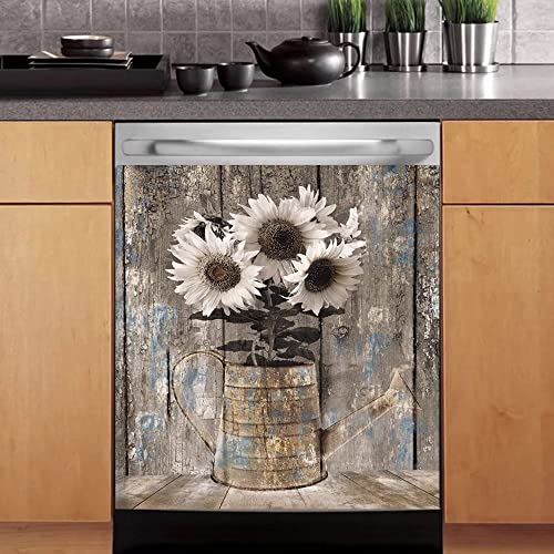 MLGB Vintage Wood Dishwasher Magnetic Cover for Door Front,Rustic Wooden Refrigerator Magnet Decor Sunflower Sticker,Country Wood Dishwasher Magnet Panel Decal for Fridge Home Appliance 23"x26" - Image 1