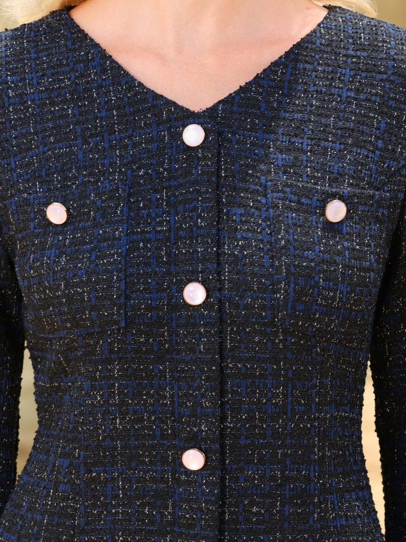 Hobemty Women's Tweed Dress 2025 Long Sleeve Wedding Cocktail Bodycon Fishtail Dresses Medium Blue Black - Image 4