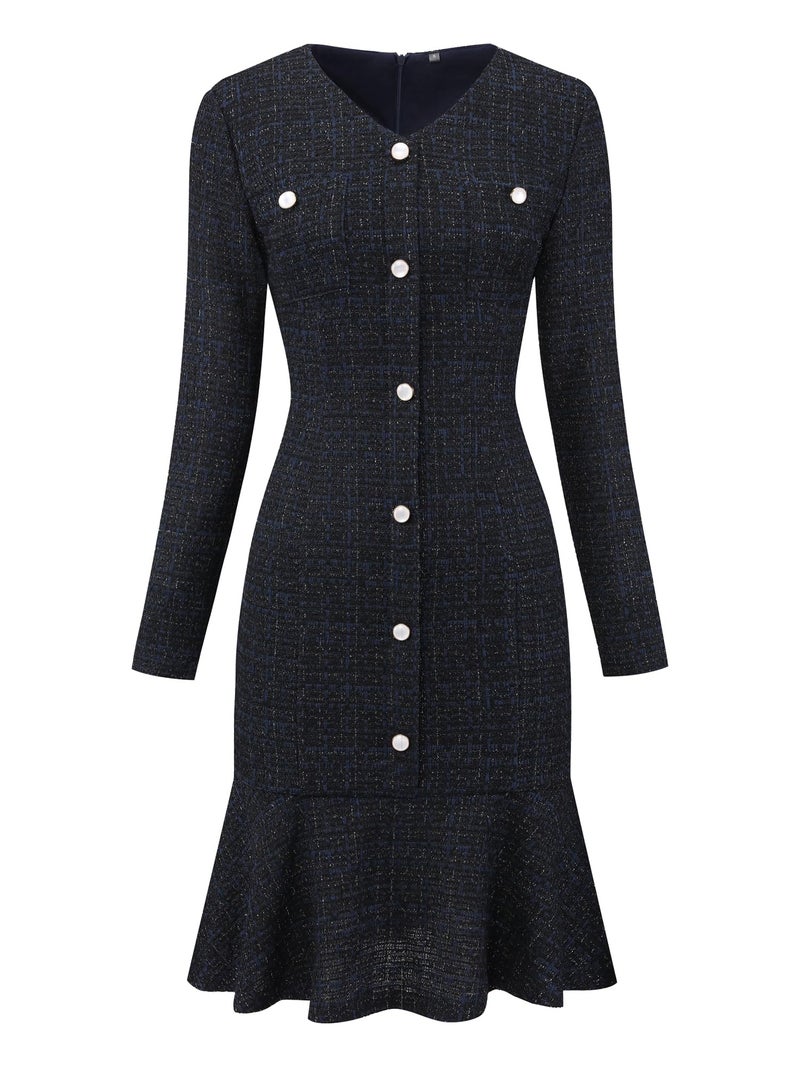 Hobemty Women's Tweed Dress 2025 Long Sleeve Wedding Cocktail Bodycon Fishtail Dresses Medium Blue Black - Image 1
