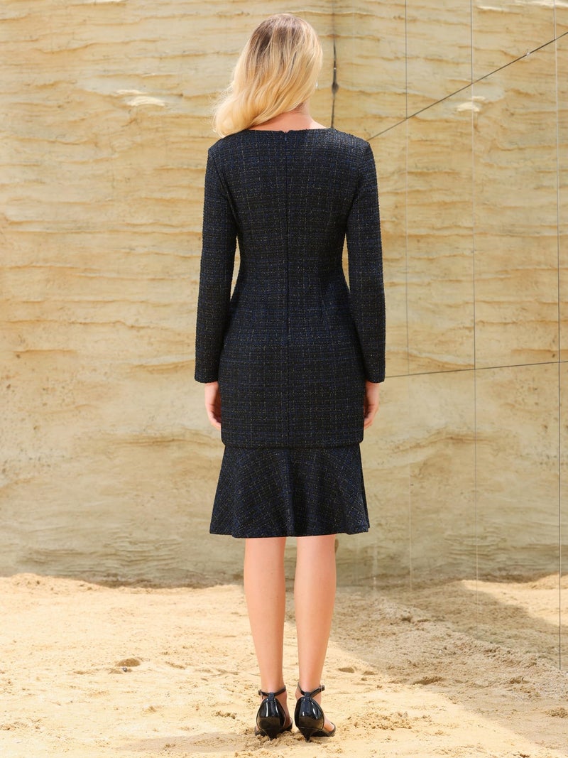Hobemty Women's Tweed Dress 2025 Long Sleeve Wedding Cocktail Bodycon Fishtail Dresses Medium Blue Black - Image 5