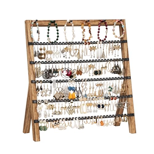 Emfogo Earring Holder Organizer 6 Tier Earring Display Stand with 285 Holes 6 Bracelet Rods Rustic Wood Jewelry Organizer for Earring Bracelet Necklace Ring Gifts for Women Rustic - Image 1