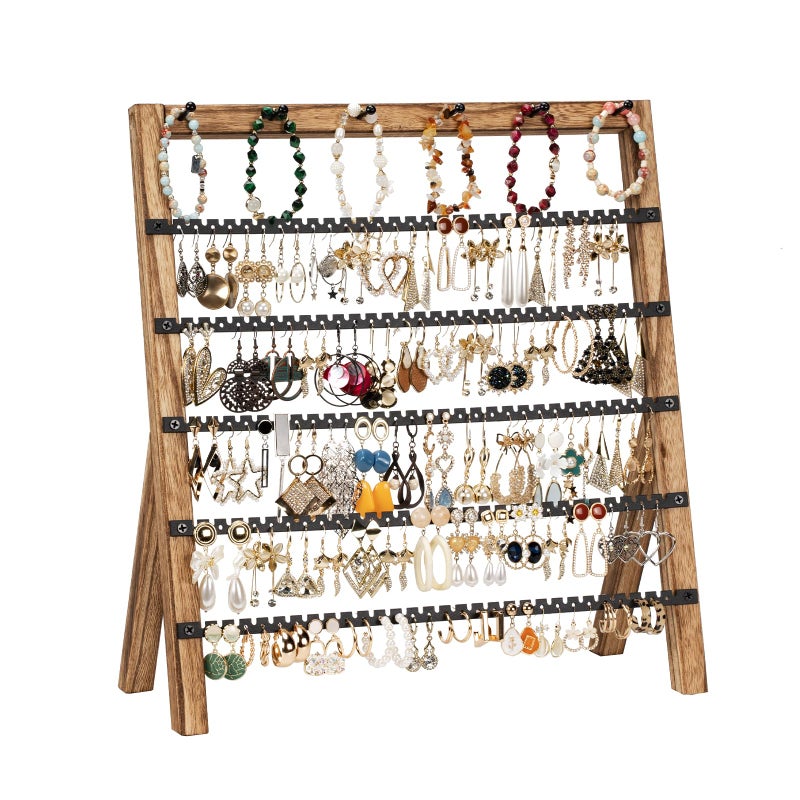 Emfogo Earring Holder Organizer 6 Tier Earring Display Stand with 285 Holes 6 Bracelet Rods Rustic Wood Jewelry Organizer for Earring Bracelet Necklace Ring Gifts for Women Rustic - Image 2