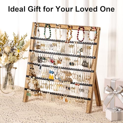 Emfogo Earring Holder Organizer 6 Tier Earring Display Stand with 285 Holes 6 Bracelet Rods Rustic Wood Jewelry Organizer for Earring Bracelet Necklace Ring Gifts for Women Rustic - Image 3