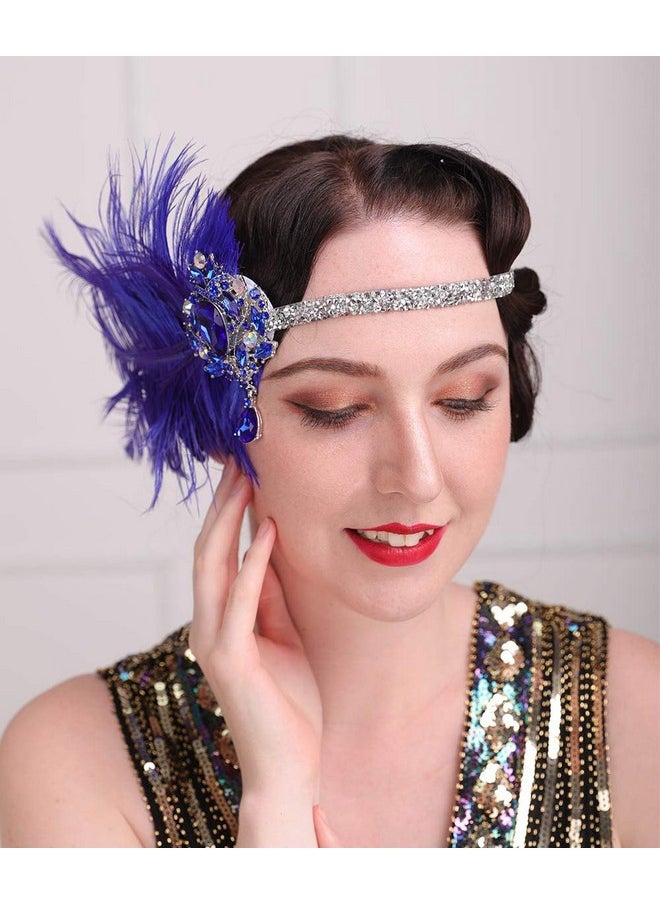 Aimimier - Imimier 1920S Flapper Feather Headband Royal Blue Sapphire Great Gatsby Headpiece With Sparkling Crystal Head Chain Masquerade Hair Accessories For Women And Girls - Image 1