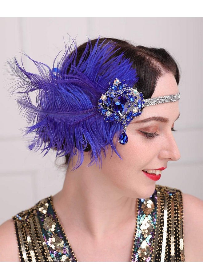 Aimimier - Imimier 1920S Flapper Feather Headband Royal Blue Sapphire Great Gatsby Headpiece With Sparkling Crystal Head Chain Masquerade Hair Accessories For Women And Girls - Image 1