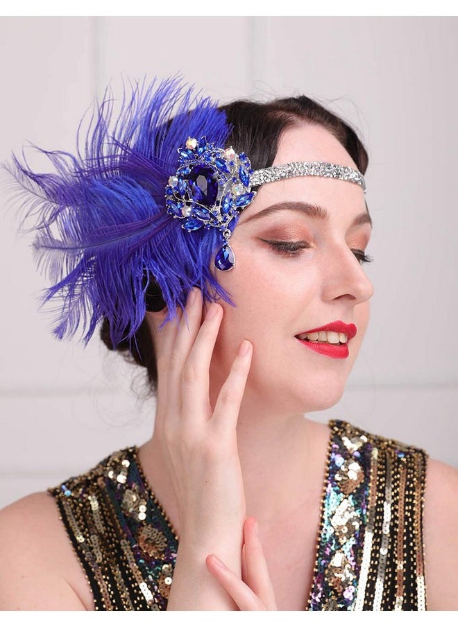 Aimimier - Imimier 1920S Flapper Feather Headband Royal Blue Sapphire Great Gatsby Headpiece With Sparkling Crystal Head Chain Masquerade Hair Accessories For Women And Girls - Image 1