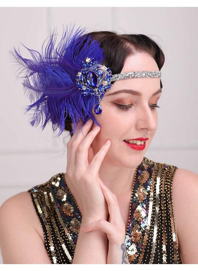 Aimimier - Imimier 1920S Flapper Feather Headband Royal Blue Sapphire Great Gatsby Headpiece With Sparkling Crystal Head Chain Masquerade Hair Accessories For Women And Girls - Image 1