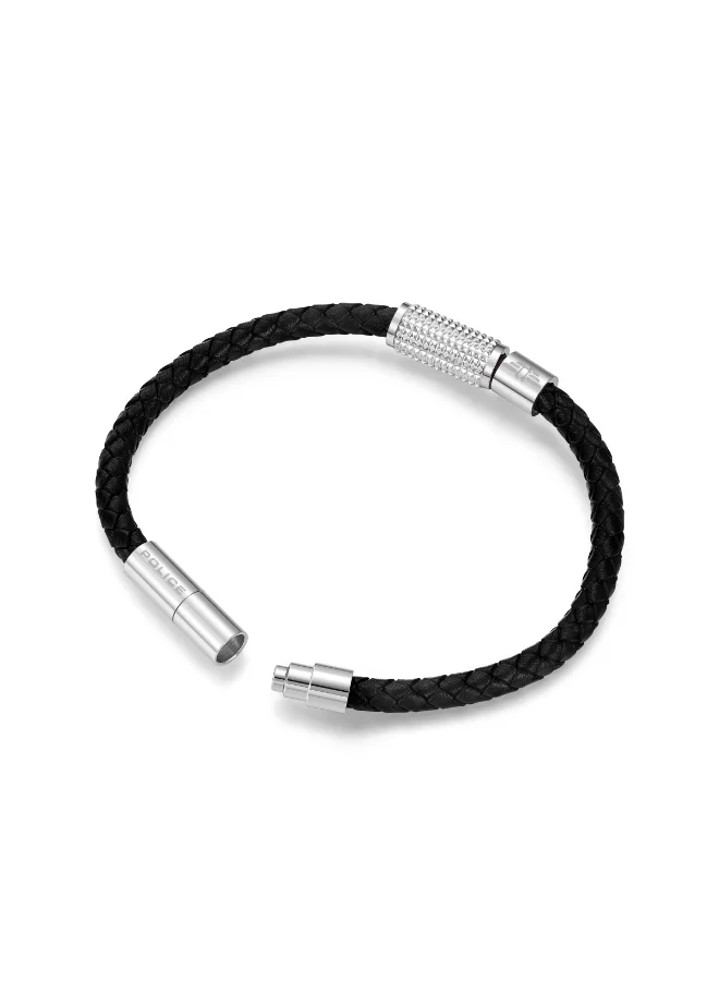 POLICE Urban Texture Silver Charms & Black Leather Bracelet Large Men