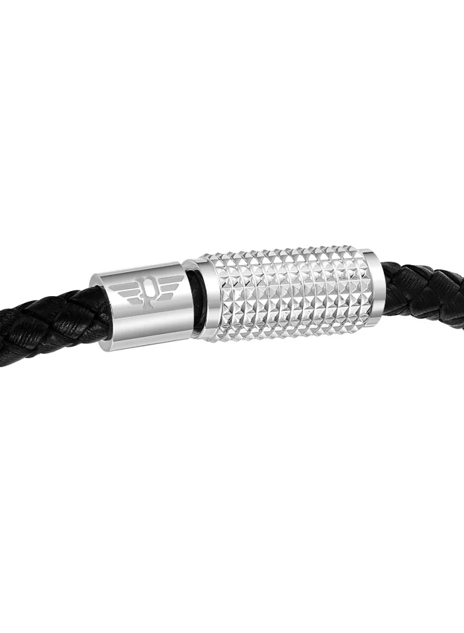 POLICE Urban Texture Silver Charms & Black Leather Bracelet Large Men