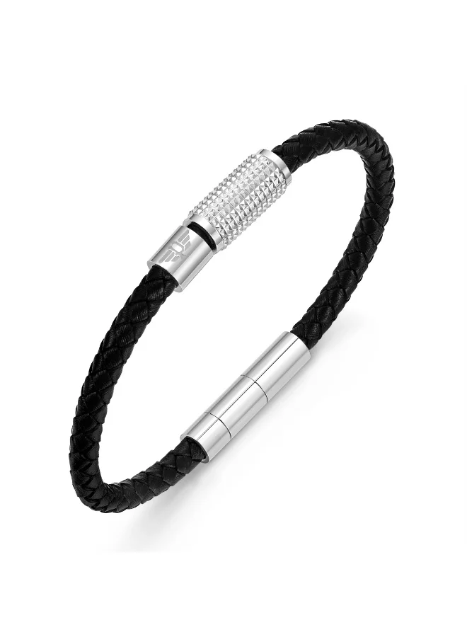 POLICE Urban Texture Silver Charms & Black Leather Bracelet Large Men