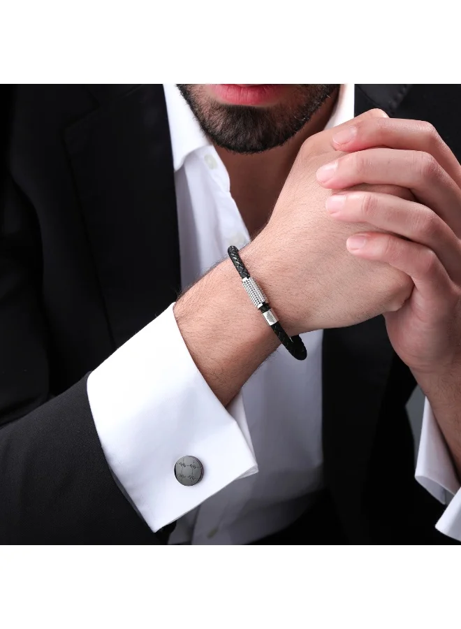 POLICE Urban Texture Silver Charms & Black Leather Bracelet Large Men